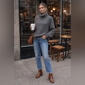 Anthropologie Lottie Chunky Knit Turtleneck Sweater Charcoal Gray Med Oversized